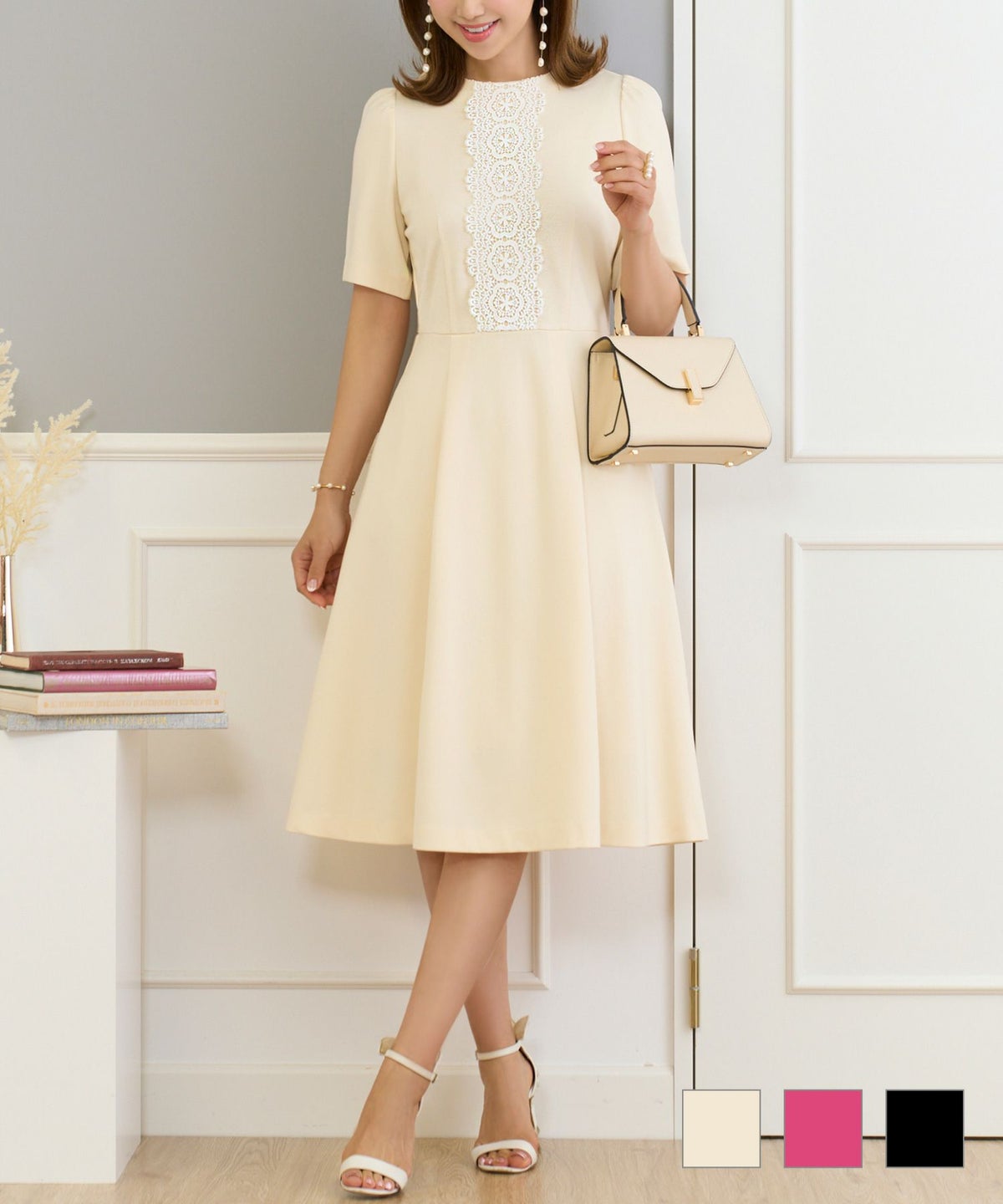 フロントレースフィット＆フレアリラックスワンピース半袖PrimaScherrer全3色｜psc331-0856【1】