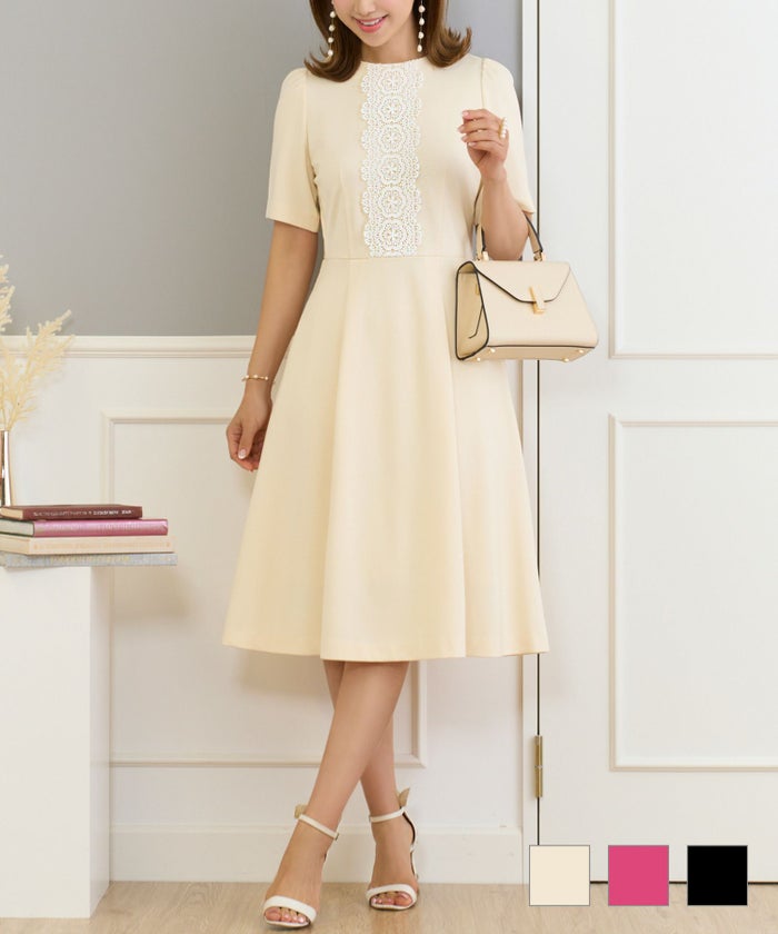 ワンピース レース 白黒 半袖 春夏 秋 大人 かわいい きれいめ 綺麗 清楚 かわいい 上品 ジョイントスペース フロントレース フィット＆フレア リラックス ワンピース 半袖 Prima Scherrer