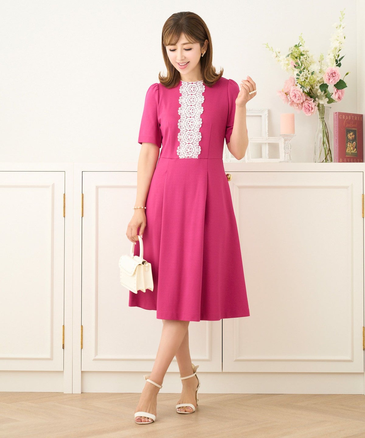 ワンピースレース白黒半袖春夏秋大人かわいいきれいめ綺麗清楚かわいい上品ジョイントスペース