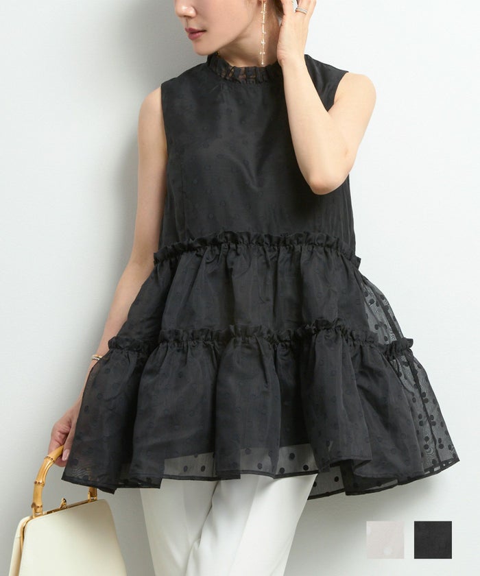 手洗い可 トップス レディース ブラウス シアー素材 ドット おしゃれ かわいい 大人 長い丈 白黒 ジョイントスペース シアードット フリルネック ティアードブラウス ノースリーブ Liala×PG