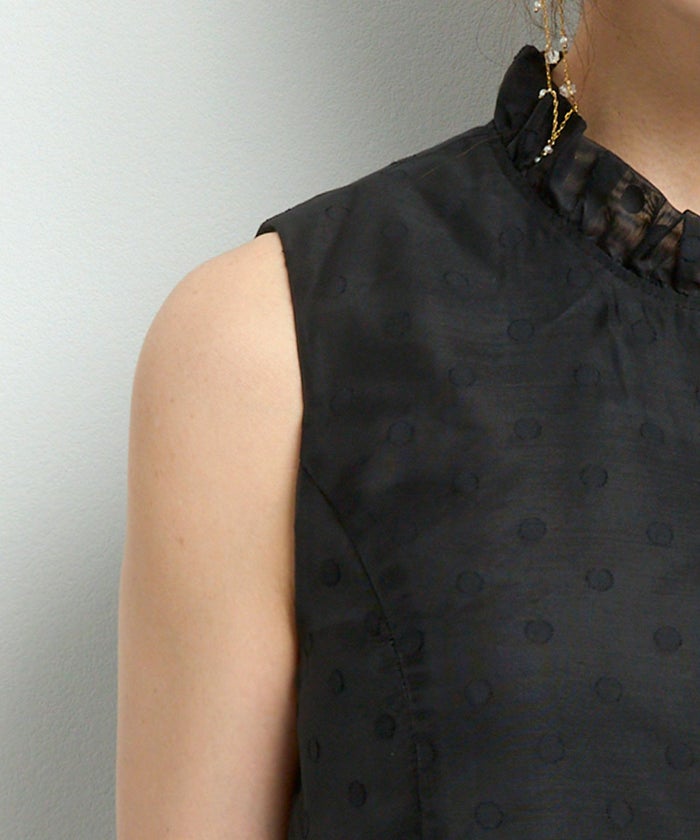 手洗い可トップスレディースブラウスシアー素材ドットおしゃれかわいい大人長い丈白黒ジョイントスペース