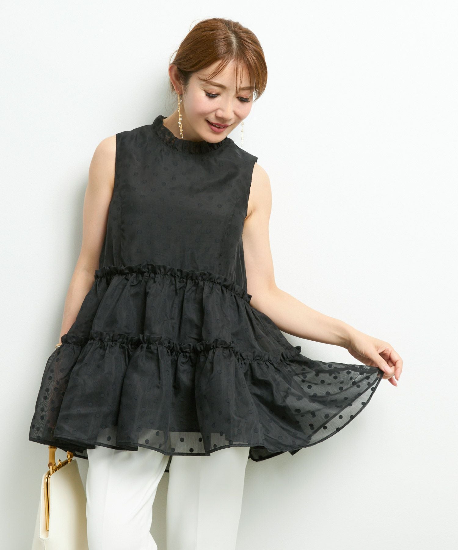 シアードット フリルネック ティアードブラウス ノースリーブ Liala×PG