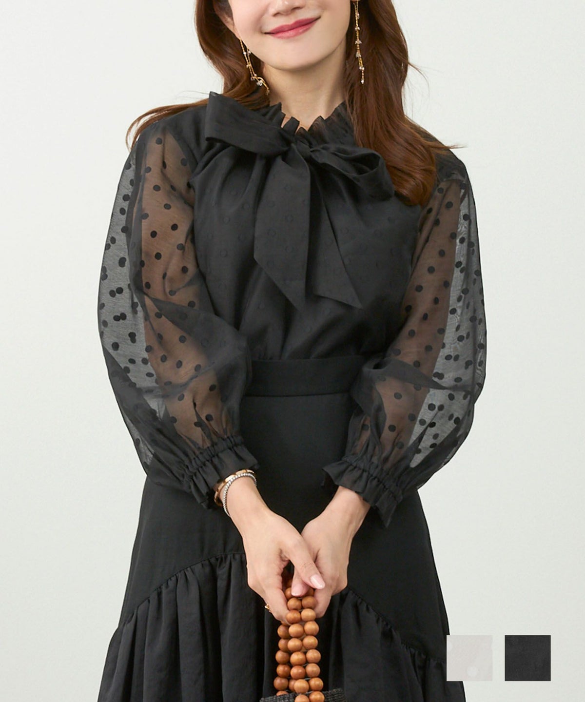手洗い可 トップス レディース ブラウス シアー素材 ドット おしゃれ かわいい 大人 長い丈 白黒 ジョイントスペース シアードット フリル&リボンタイネック ブラウス 5分袖 Liala×PG