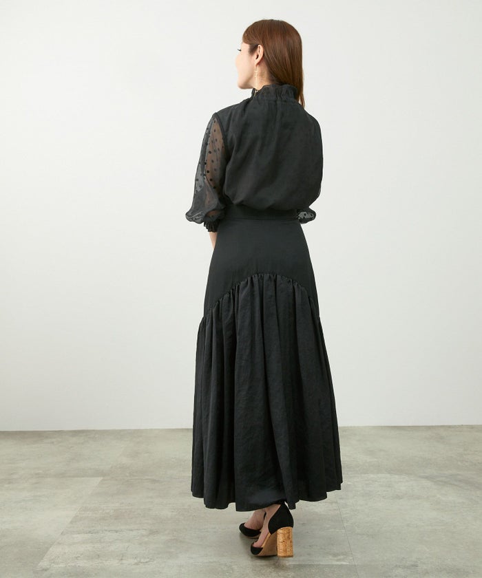 手洗い可トップスレディースブラウスシアー素材ドットおしゃれかわいい大人長い丈白黒ジョイントスペース