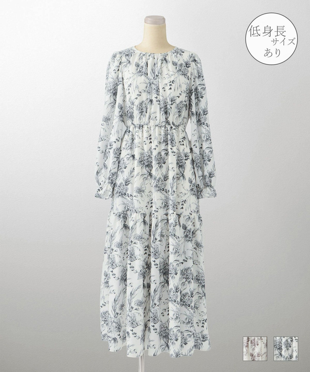 クラシカル モノトーン 上品 大人 ギャザー ウエストゴム モノトーン 大花柄 ワンピース HUIT