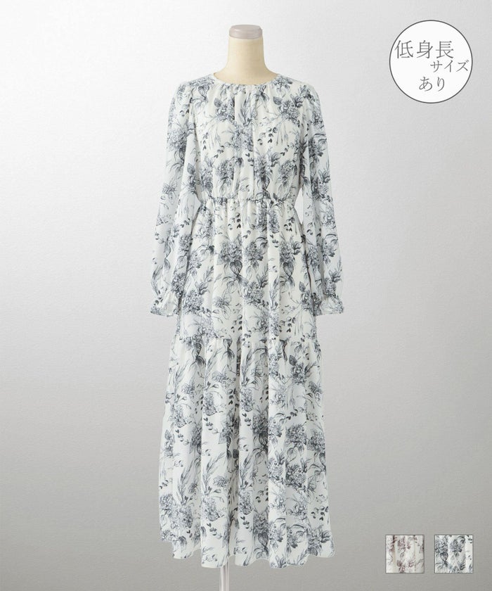 クラシカル モノトーン 上品 大人 ギャザー ウエストゴム モノトーン 大花柄 ワンピース HUIT