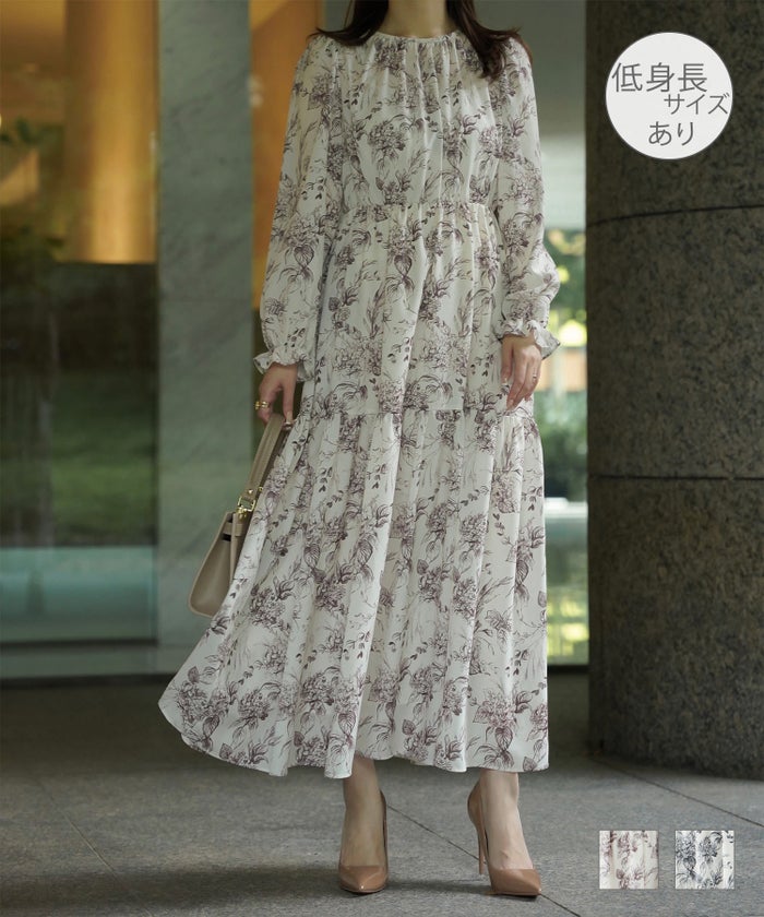 クラシカル モノトーン 上品 大人 ギャザー ウエストゴム モノトーン 大花柄 ワンピース HUIT