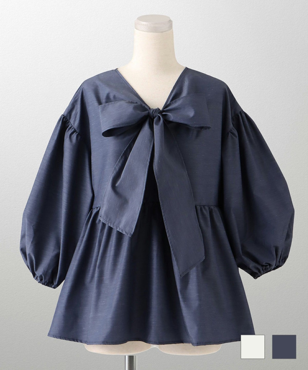 2way クラシカル Vネック バルーンスリーブ 夏 秋 デニムライク フェミニン 2way リボン ブラウス HUIT
