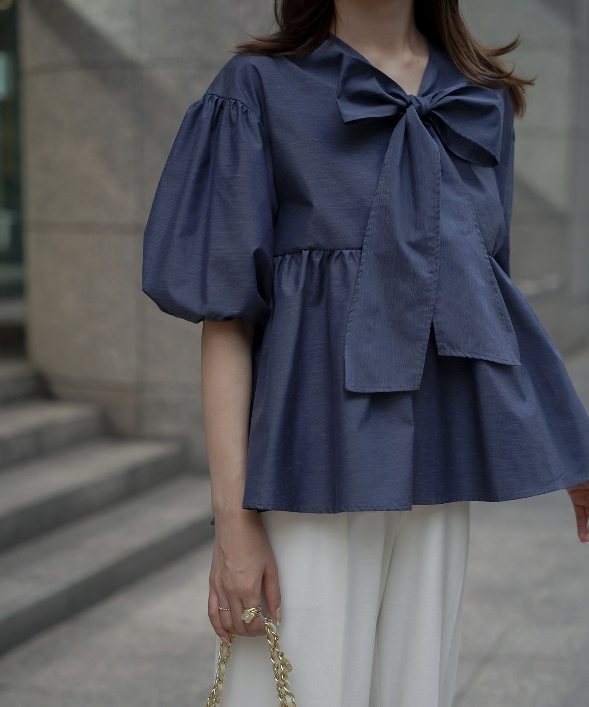 2way クラシカル Vネック バルーンスリーブ 夏 秋 デニムライク フェミニン/デニムホワイト/デニムブルー/M