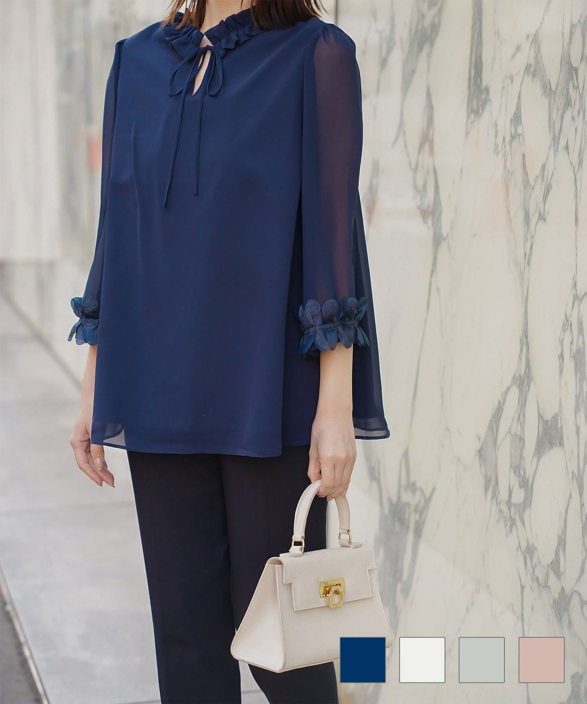 ホイップスリーブ リボン ブラウス HUIT ネイビー/ホワイト/グレー/ピンクベージュ