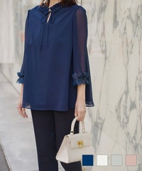 ホイップスリーブ リボン ブラウス HUIT ネイビー/ホワイト/グレー/ピンクベージュ