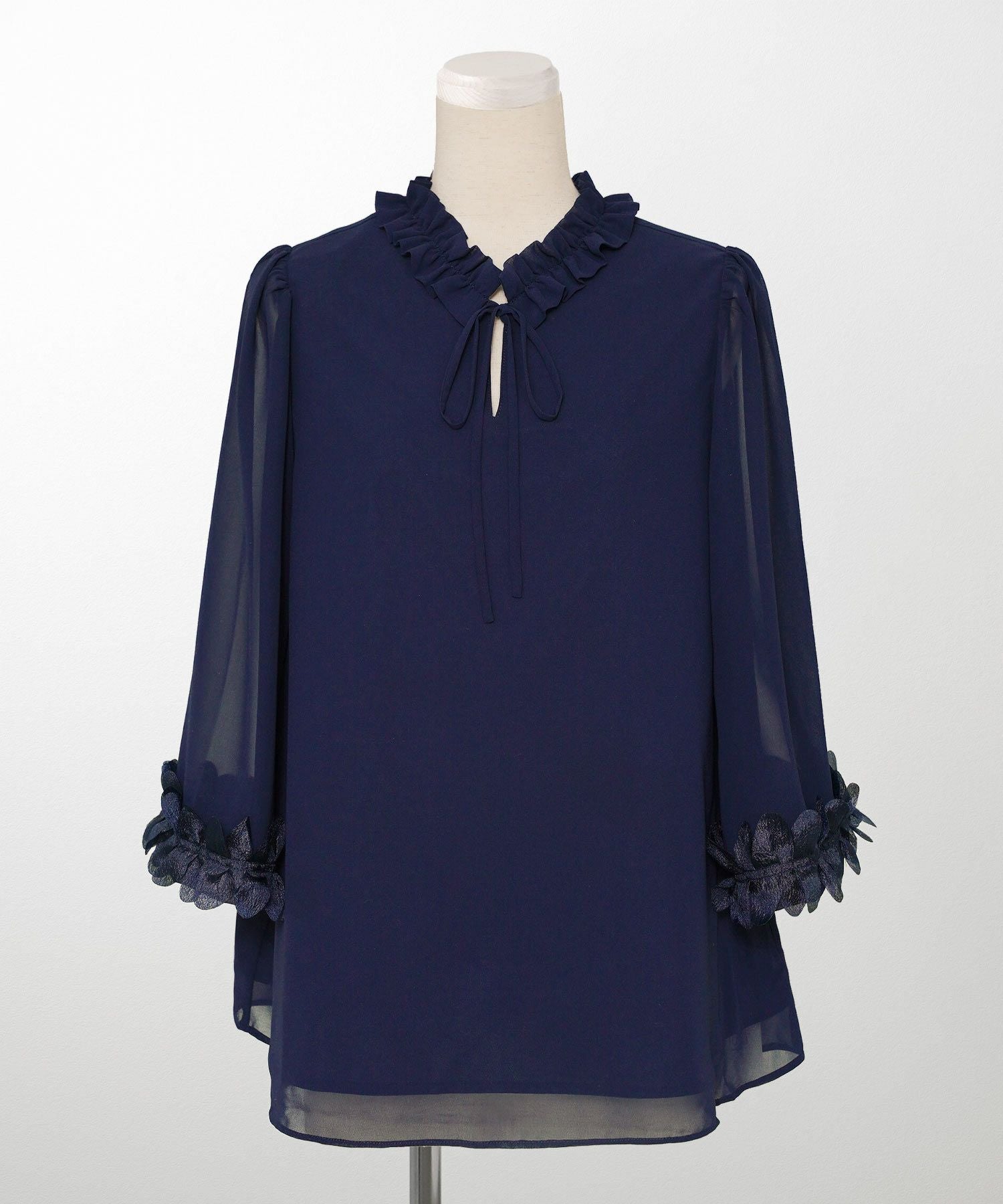 Navy-SALE ホイップスリーブ リボン ブラウス HUIT 全4色｜hit831-0176
