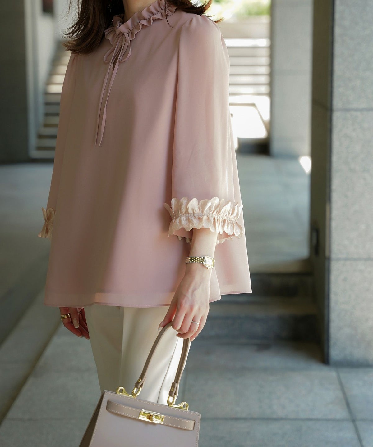 2way シフォン フリル フラワー エレガント シアー トレンド/ホワイト/グレー/ピンクベージュ/M