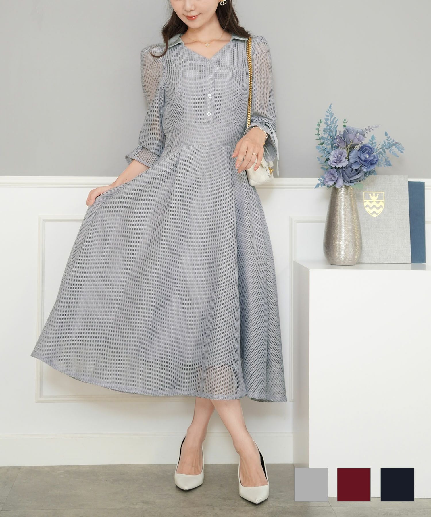 7分袖 リボンフレア レース ワンピース le reve vaniller 全3色