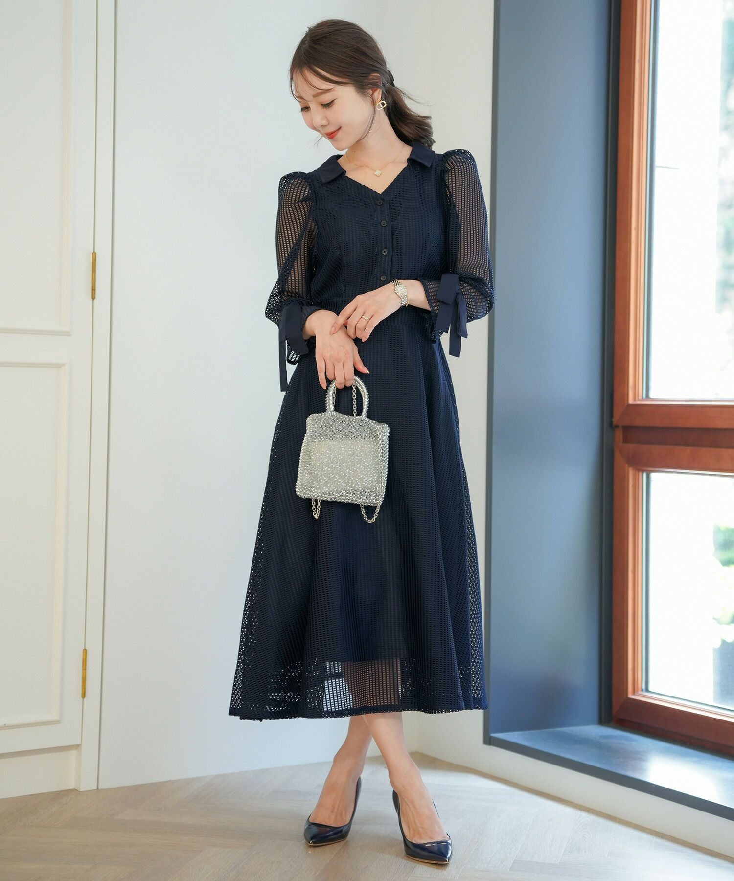 7分袖 リボンフレア レース ワンピース le reve vaniller 全3色