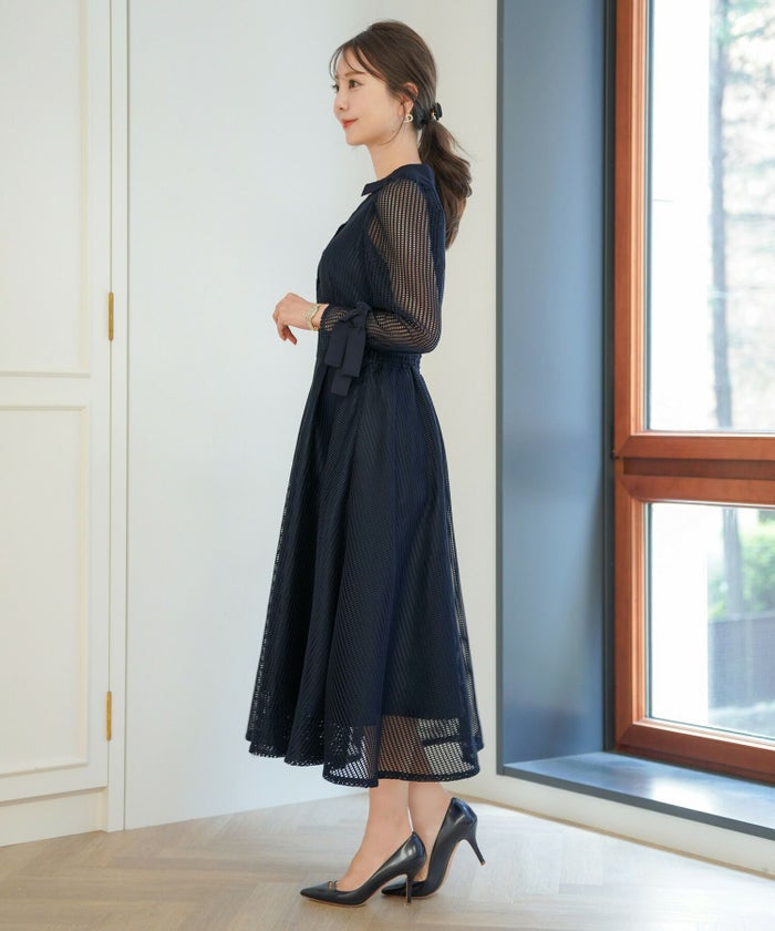 レディース/ワンピース/7分袖/レースワンピース/フレアスリーブ/ゴムギャザー/リボン/開襟/前あき/授乳/おしゃれ/上品/エレガント/グレー/ラベンダー/ボルドー/赤/ネイビー/推しカラー/赤担/クリスマス/結婚式/オケージョン