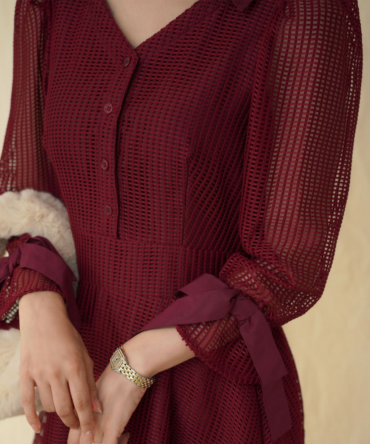 レディース/ワンピース/7分袖/レースワンピース/フレアスリーブ/ゴムギャザー/リボン/開襟/前あき/授乳/おしゃれ/上品/エレガント/グレー/ラベンダー/ボルドー/赤/ネイビー/推しカラー/赤担/クリスマス/結婚式/オケージョン