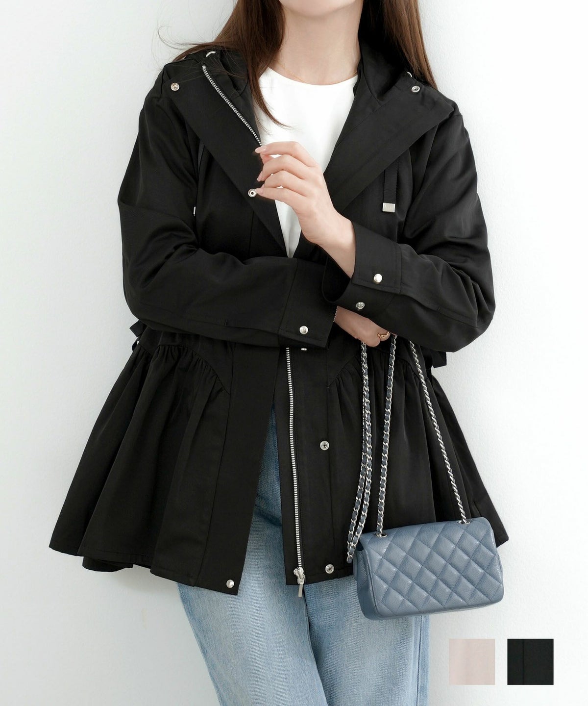 アウター ジャケット 羽織り 秋 春 黒 大人 かわいい オフィス きれいめ レディース おすすめ 長袖 ジョイントスペース スカラップ切り替え フード付き ライトアウター Liala×PG