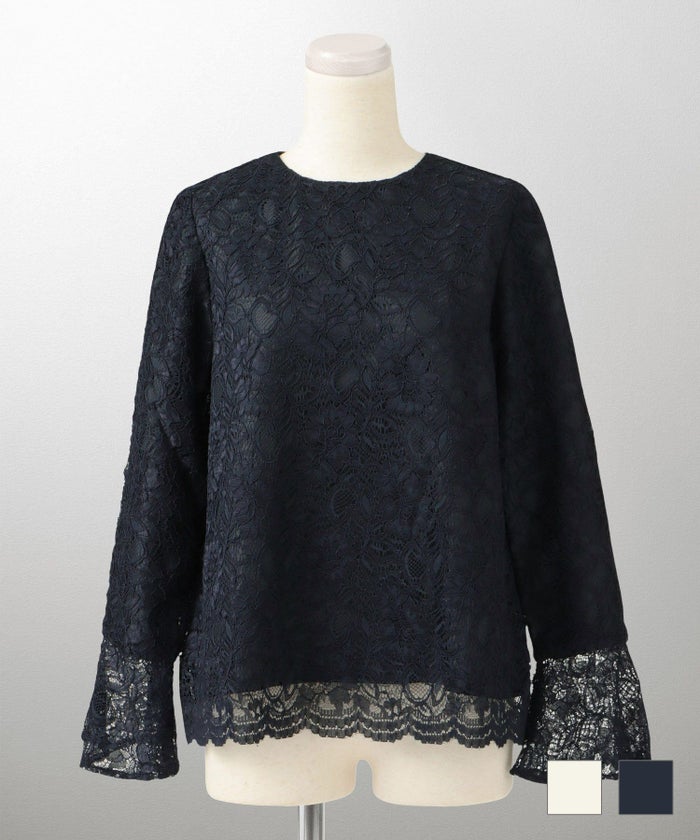 スカラップ シンプル フェミニン シアー オフィスカジュアル フォーマル ベルスリーブ レース ブラウス HUIT