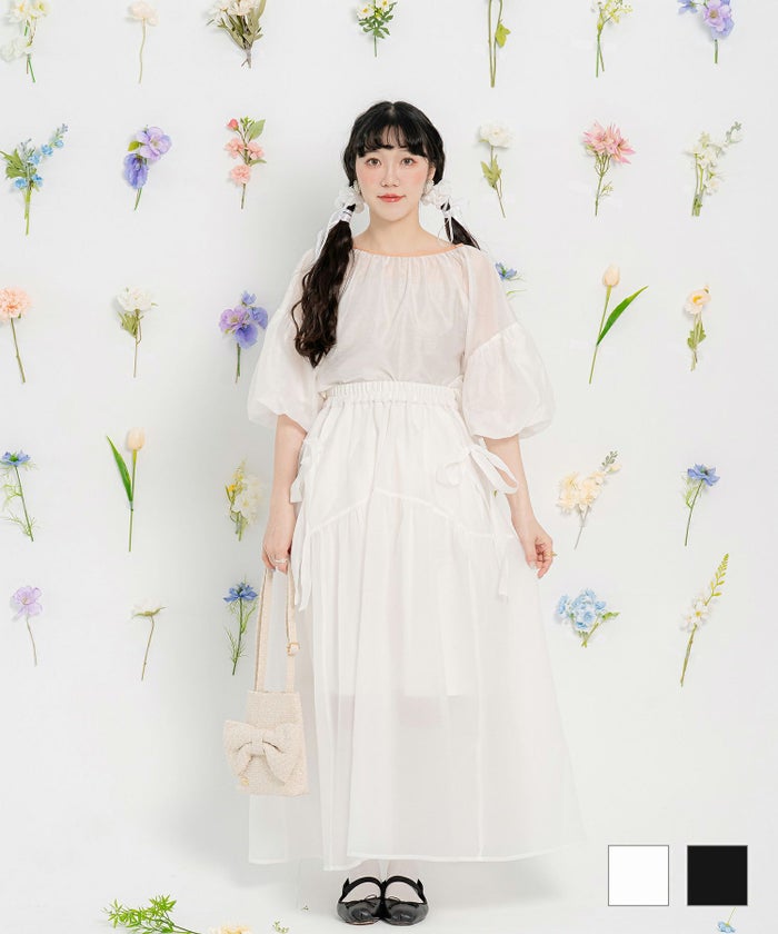 ビッグポケット ウエストゴム マキシ丈 ワッシャー シアー リボン ギャザー スカート miolite