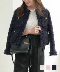 アウター ジャケット ツイード おしゃれ かわいい 大人 オフィス きれいめ 春 秋 長袖 入卒園 白 ピンク ジョイントスペース フリンジ ツイード ショート丈 ジャケット Liala×PG