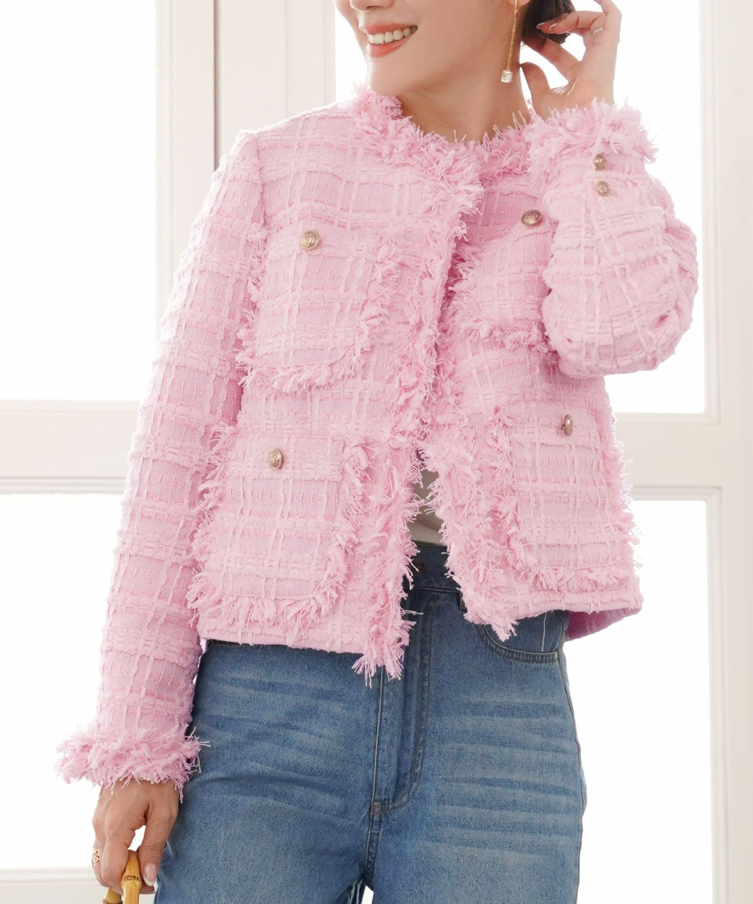 SPRING-SALE フリンジ ツイード ショート丈 ジャケット Liala×PG 全3色