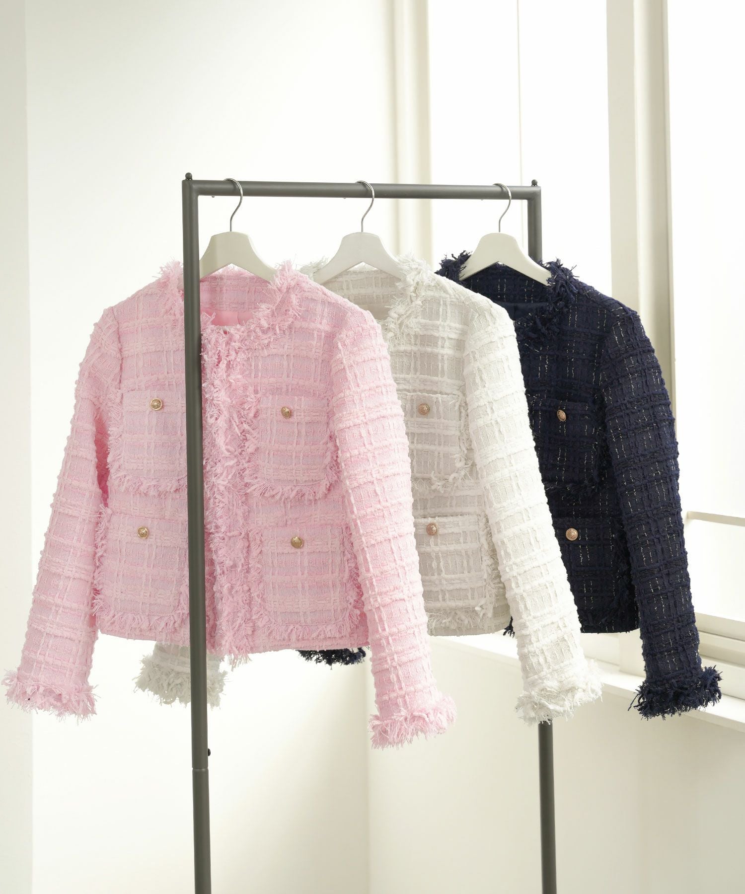 SPRING-SALE フリンジ ツイード ショート丈 ジャケット Liala×PG 全3色