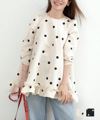 手洗い可 日本製 ブラウス レディース トップス 水玉 パフスリーブ 白黒 ロング きれいめ オフィス かわいい ジョイントスペース ドットプリント フリルヘム パフスリーブ ブラウス Liala×PG