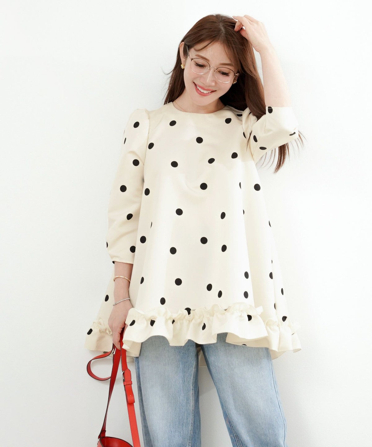手洗い可 日本製 ブラウス レディース トップス 水玉 パフスリーブ 白黒 ロング きれいめ オフィス かわいい ジョイントスペース