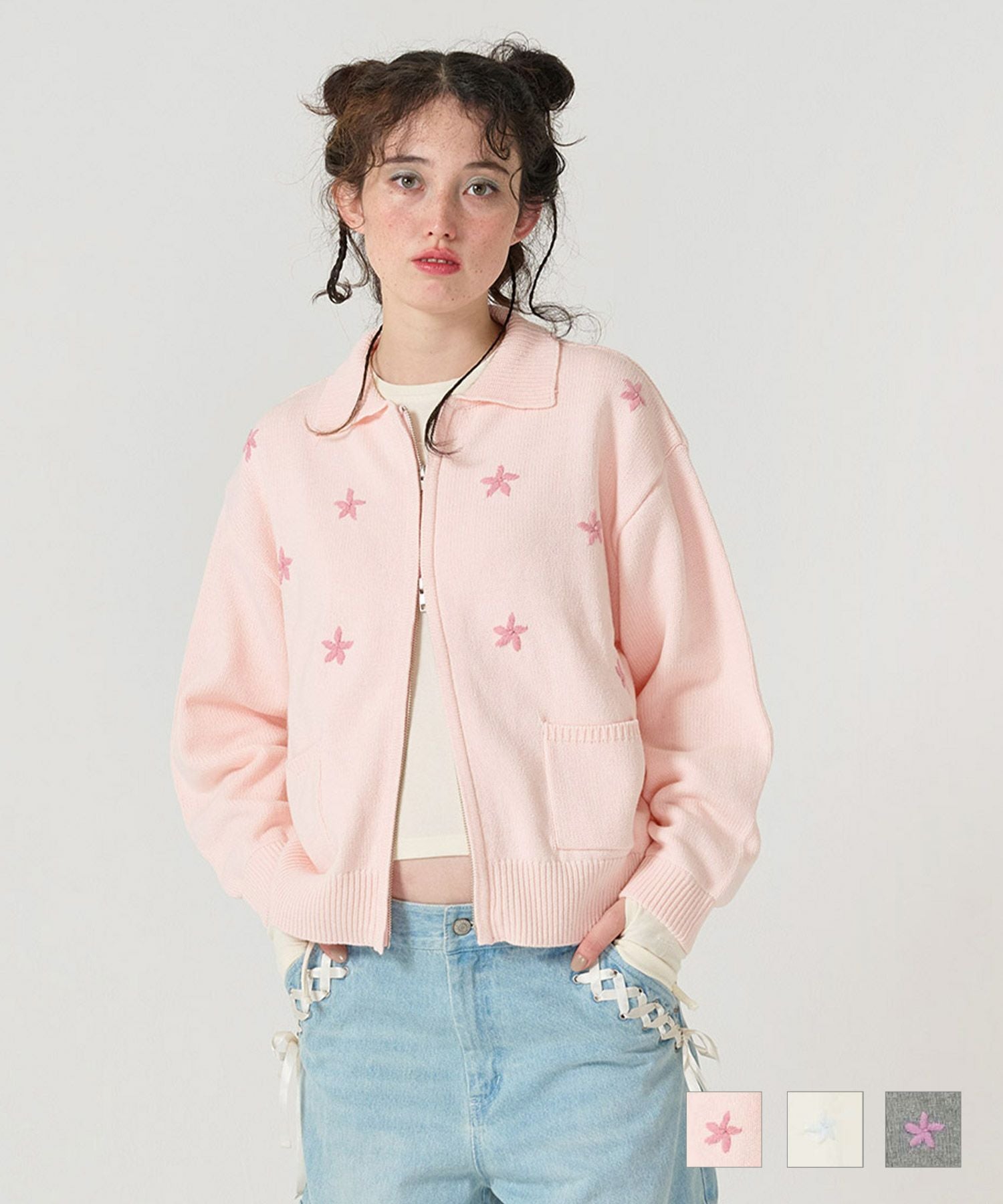 フラワー ジップアップニットジャケット TINA：JOJUN 全3色｜tnj231
