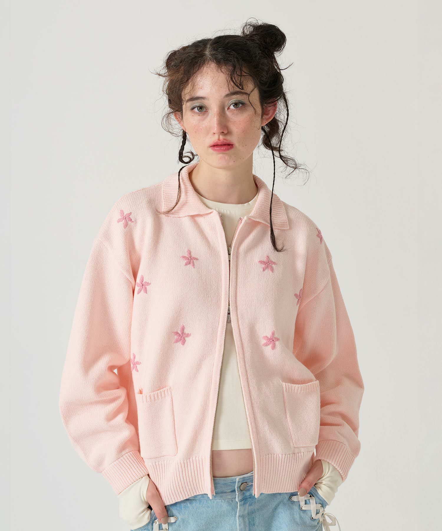 フラワー ジップアップニットジャケット TINA：JOJUN 全3色｜tnj231