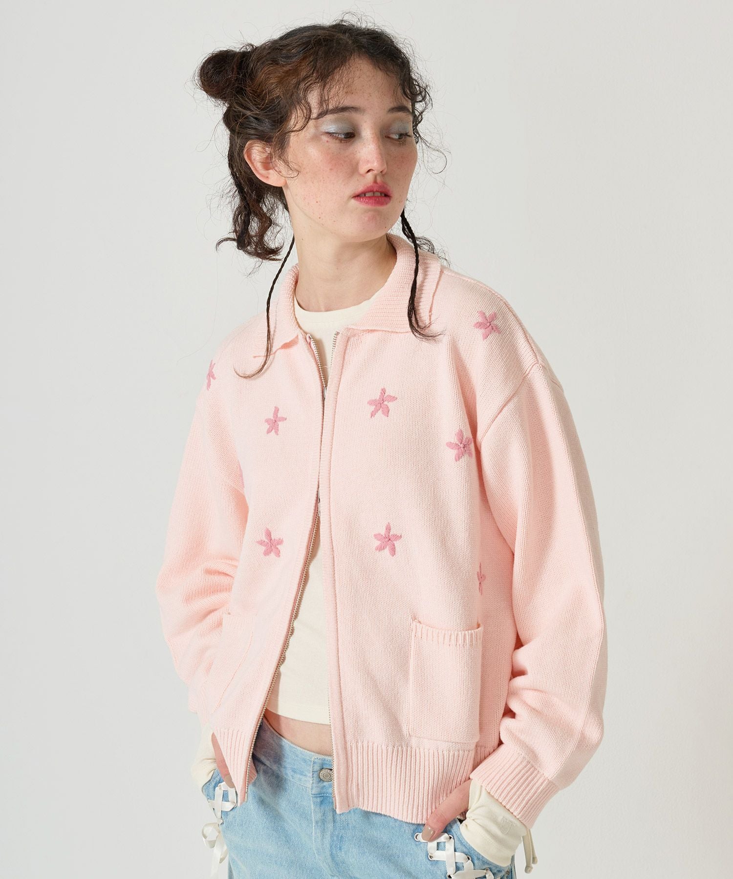 フラワー ジップアップニットジャケット TINA：JOJUN 全3色｜tnj231