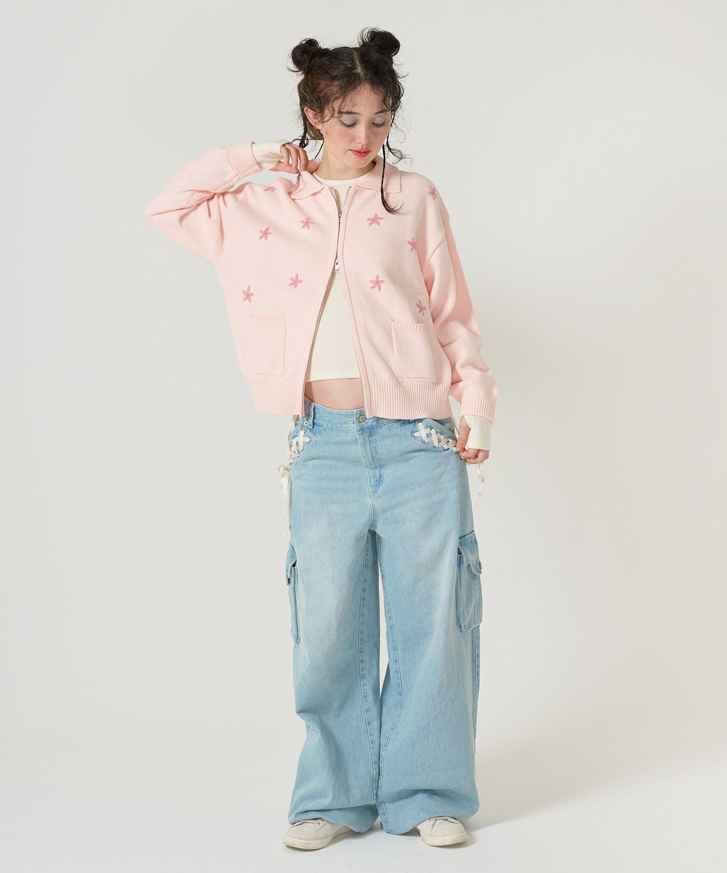 フラワー ジップアップニットジャケット TINA：JOJUN 全3色｜tnj231