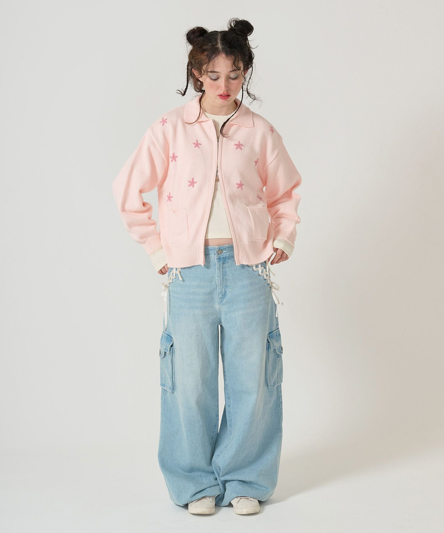 フラワー ジップアップニットジャケット TINA：JOJUN 全3色｜tnj231