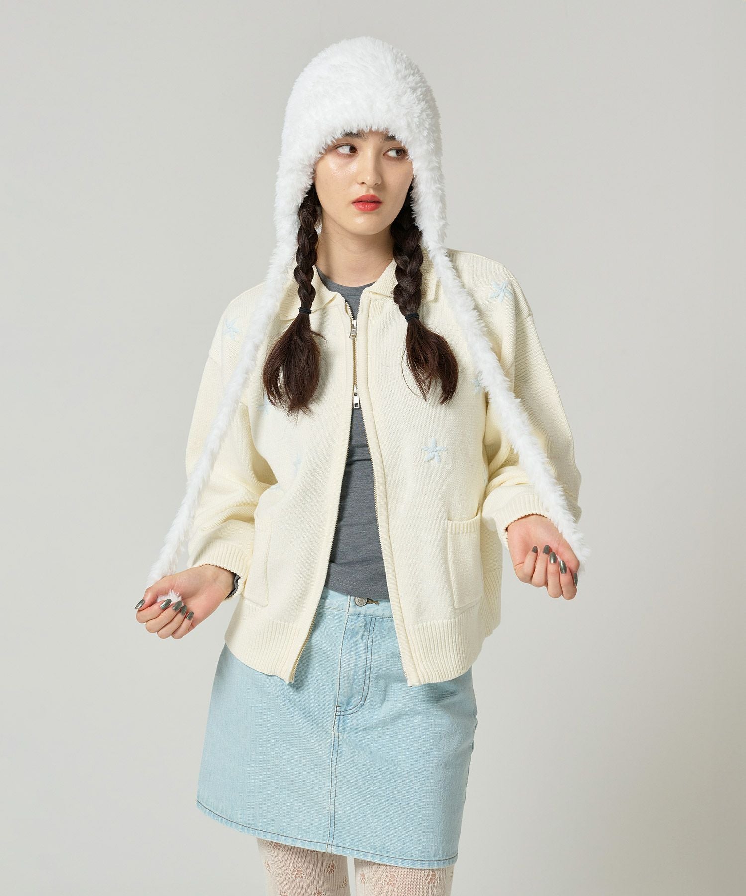 フラワー ジップアップニットジャケット TINA：JOJUN 全3色｜tnj231