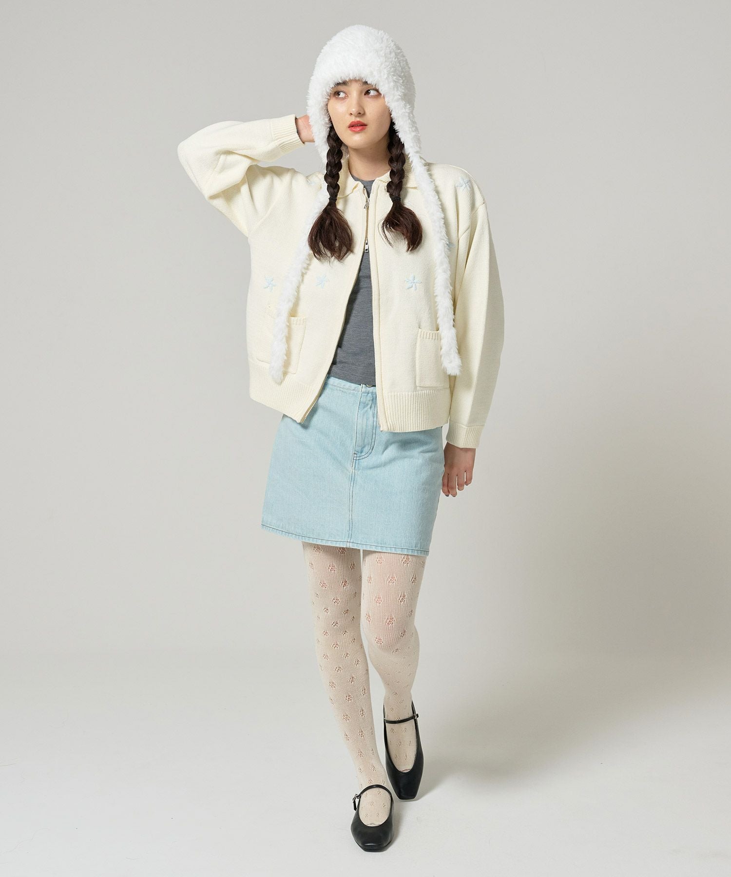 フラワー ジップアップニットジャケット TINA：JOJUN 全3色｜tnj231