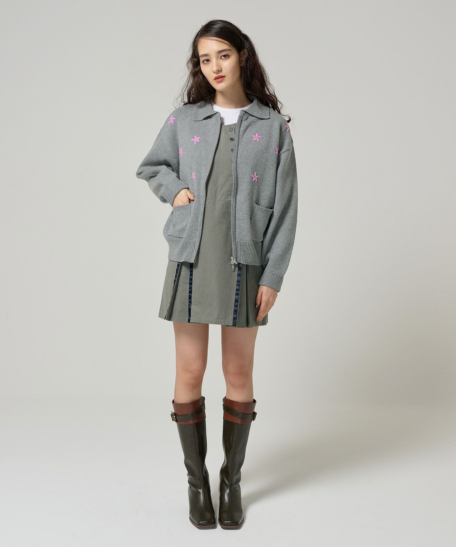 フラワー ジップアップニットジャケット TINA：JOJUN 全3色｜tnj231