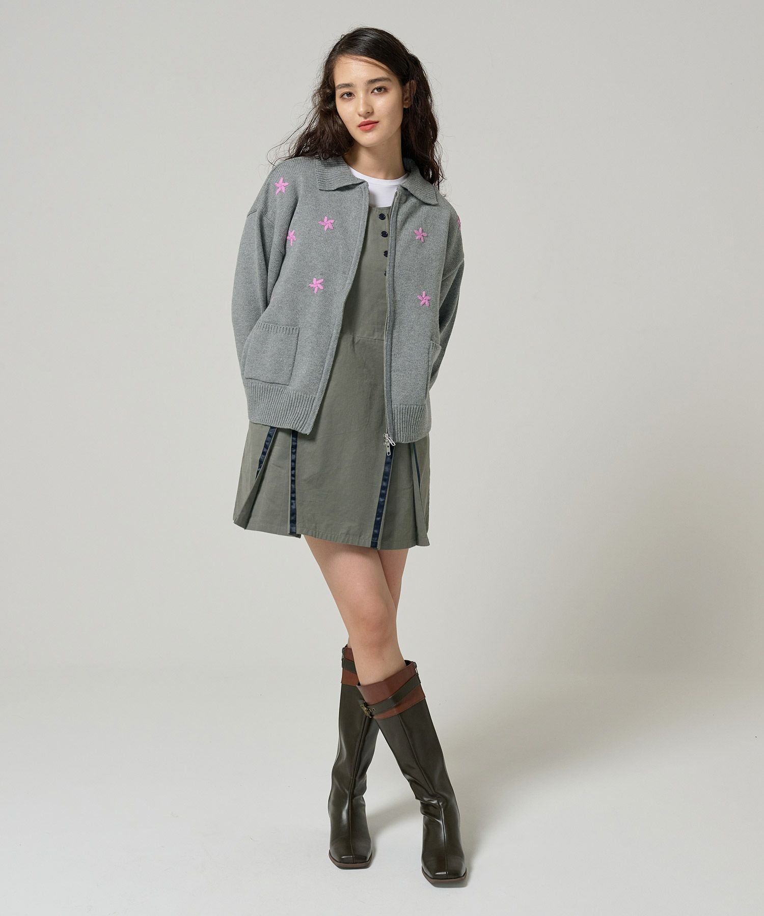 フラワー ジップアップニットジャケット TINA：JOJUN 全3色｜tnj231