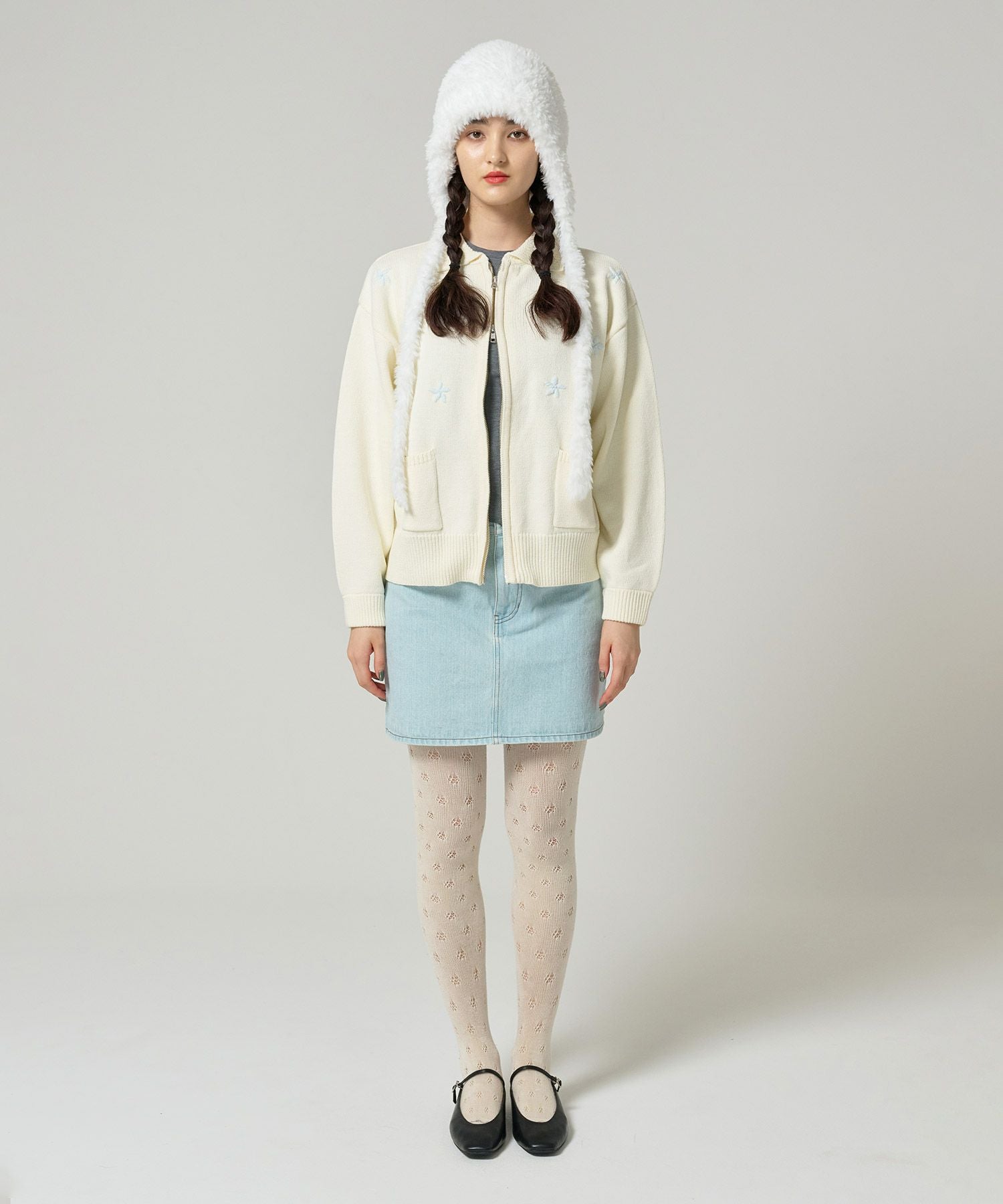 フラワー ジップアップニットジャケット TINA：JOJUN 全3色｜tnj231