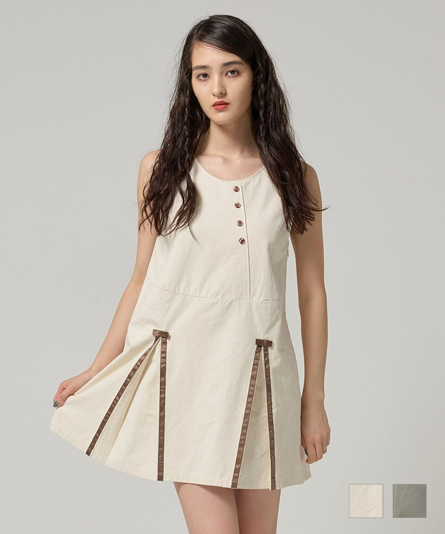 FLYING-SALE リボンプリーツ ミニ丈ワンピース TINA：JOJUN 全2色