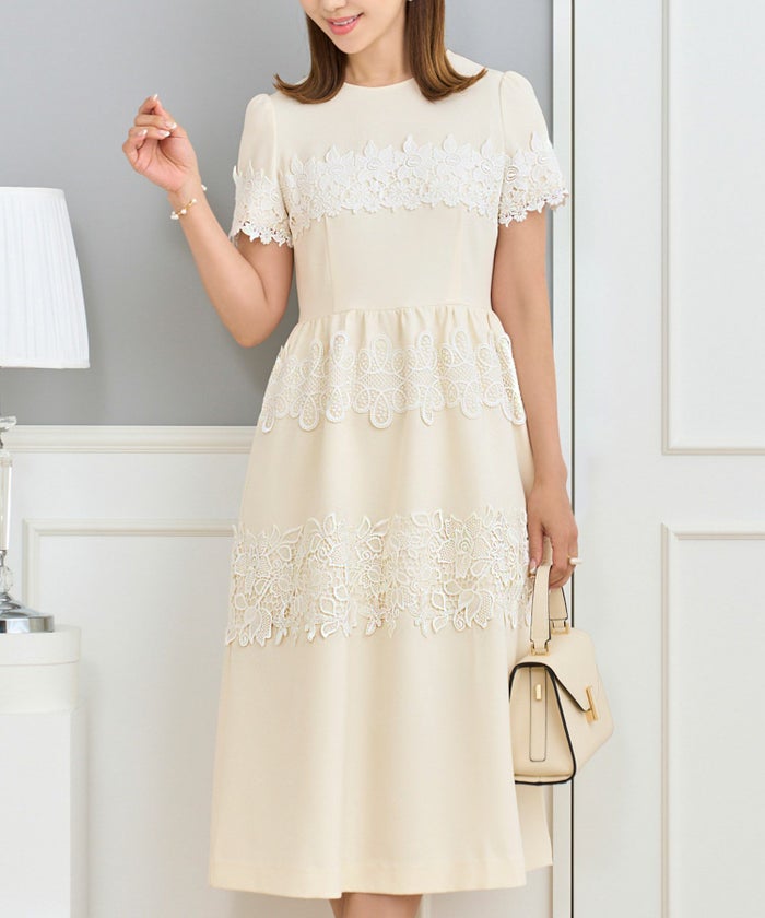 ワンピース バイカラー レース 半袖 春夏秋 かわいい 大人 オフィス 白 ピンク おしゃれ おすすめ ジョイントスペース