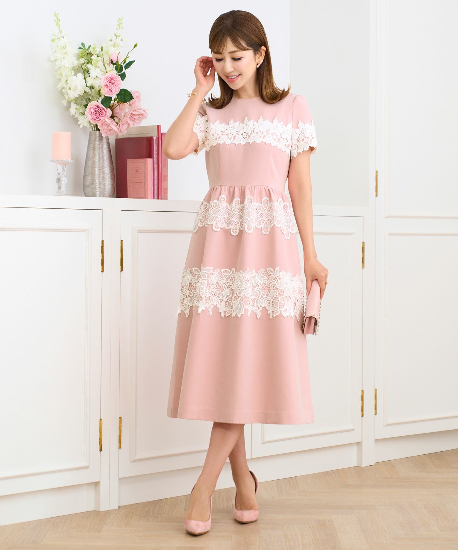 Occasion-SALE 3種レース ストレッチ ワンピース 半袖 Prima Scherrer