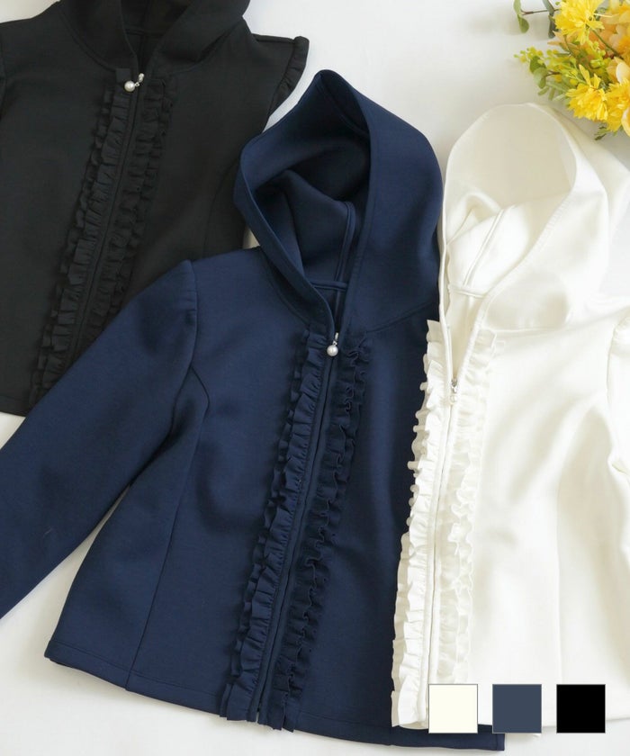 ウォッシャブル かわいい おすすめ おしゃれ レディース 春秋 オリジナル 白黒 手洗い 羽織る ジョイントスペース ダブルフリル パールスライダー パーカー 長袖 Prima Scherrer