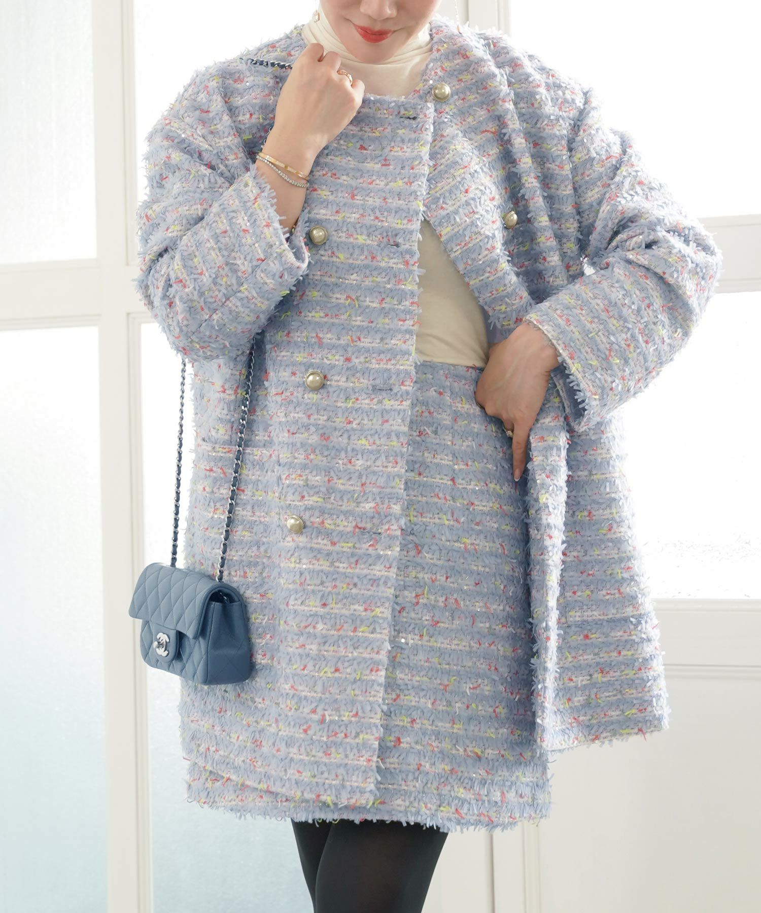 2点以上で半額クーポン対象 ノーカラー カラフルツイード ダブルボタン