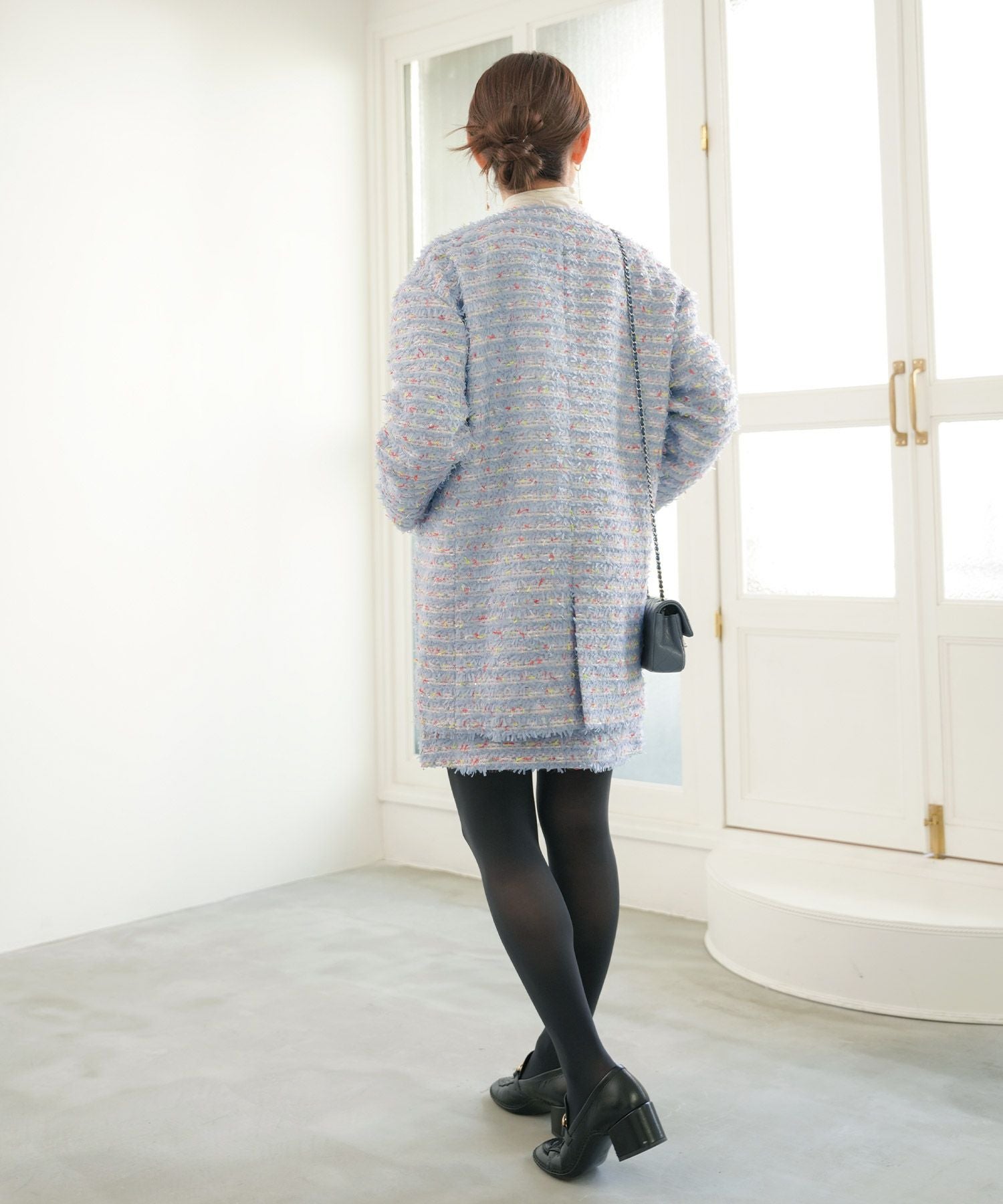 SPRING-SALE ノーカラー カラフルツイード ダブルボタン コート Liala