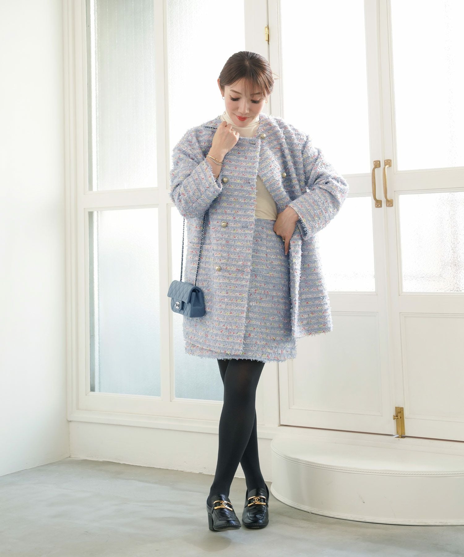 2点以上で半額クーポン対象 ノーカラー カラフルツイード ダブルボタン