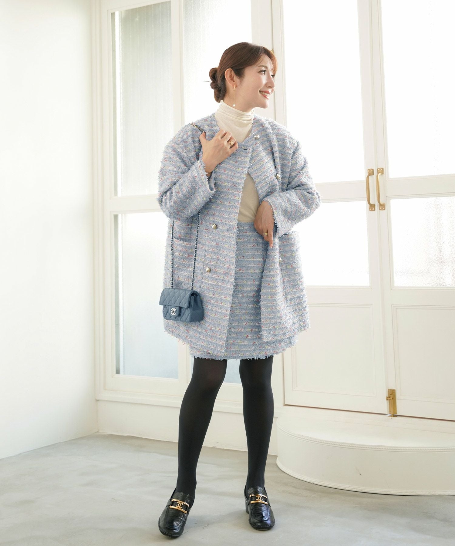 ノーカラー カラフルツイード ダブルボタン コート Liala×PG 全3色