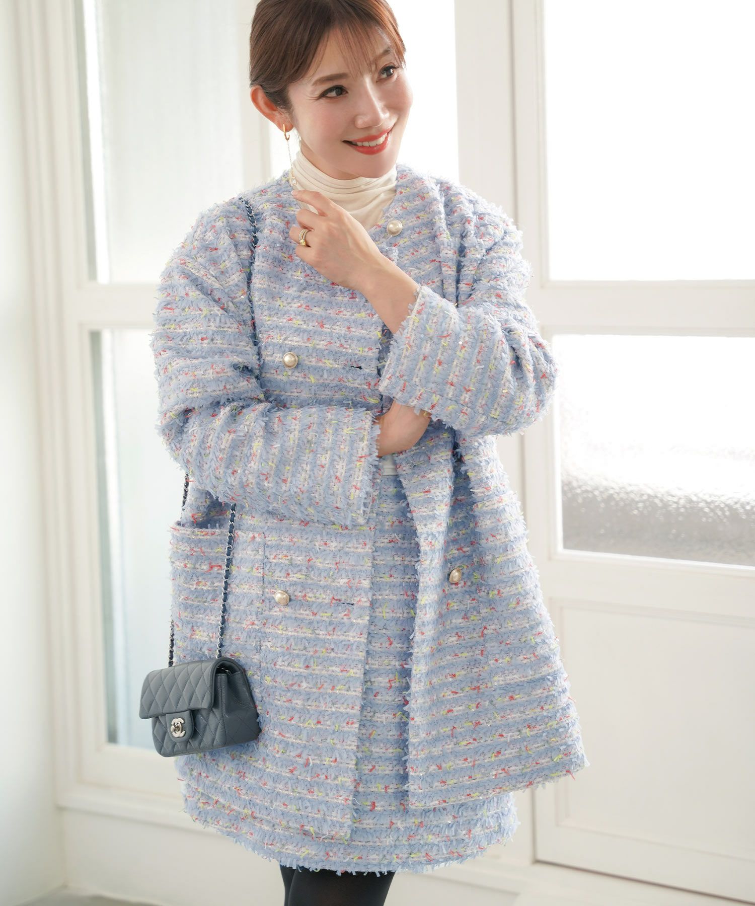 ノーカラー カラフルツイード ダブルボタン コート Liala×PG 全3色