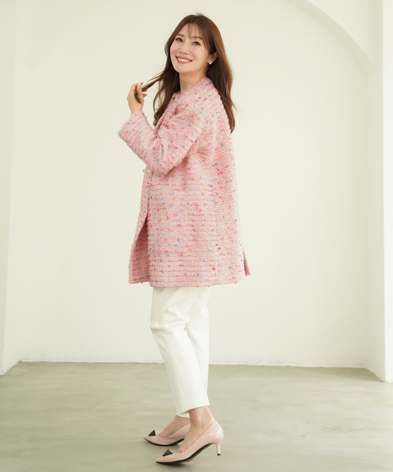 ノーカラー カラフルツイード ダブルボタン コート Liala×PG 全3色