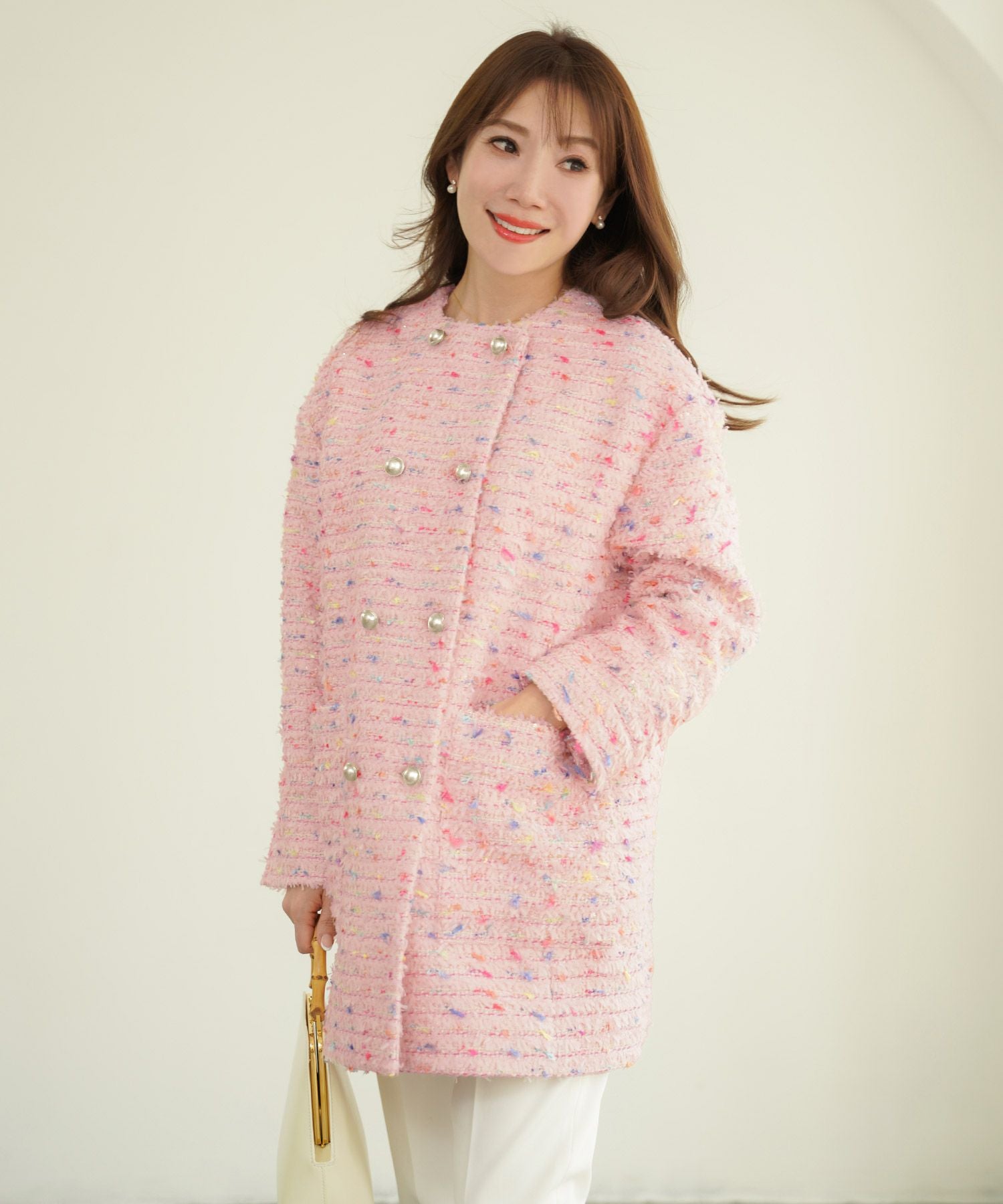 2点以上で半額クーポン対象 ノーカラー カラフルツイード ダブルボタン